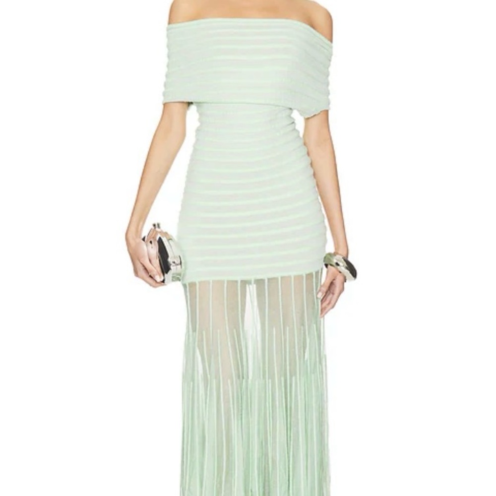 Alexis Strapless Mint Green Sheer Fringe Maxi Dress